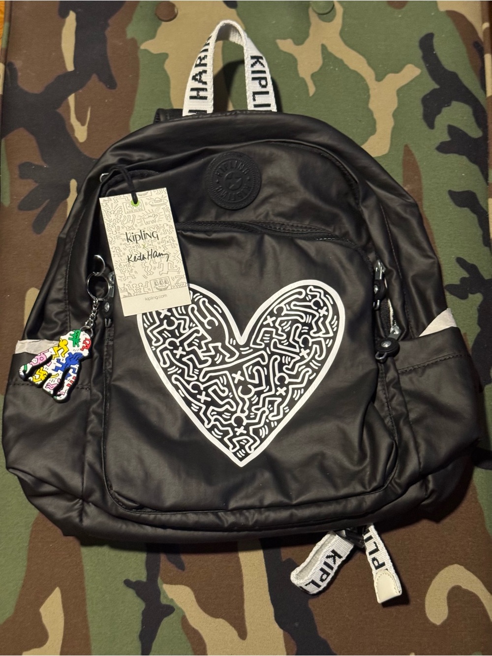 Kipling/ Keith Haring Delia Black Backpack with White Haring Heart Graphic